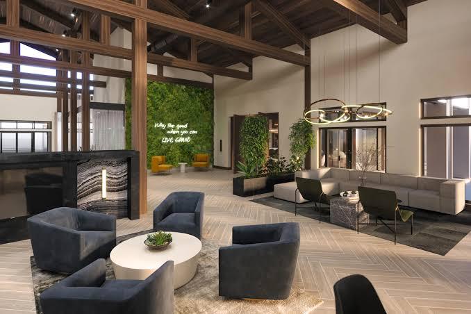 Photoreal double-height lounge visualization